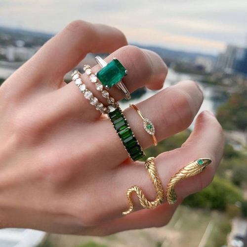 6 Pcs/set Vintage Gold Jewelry Rings Set Green Zircon Rings Jewelry Women Snake Green Crystal Rings For Women Jewelry