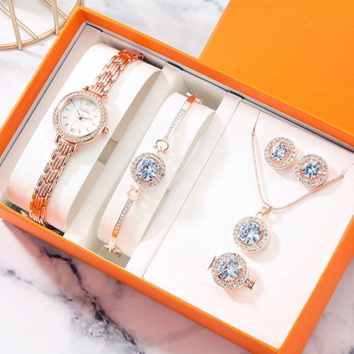 NEW 2023 Luxury Women Watches Stud Earring Necklace Bracelet Set Quartz Wristwatch Set Ladies Watch Casual Box Glass Latest 20cm